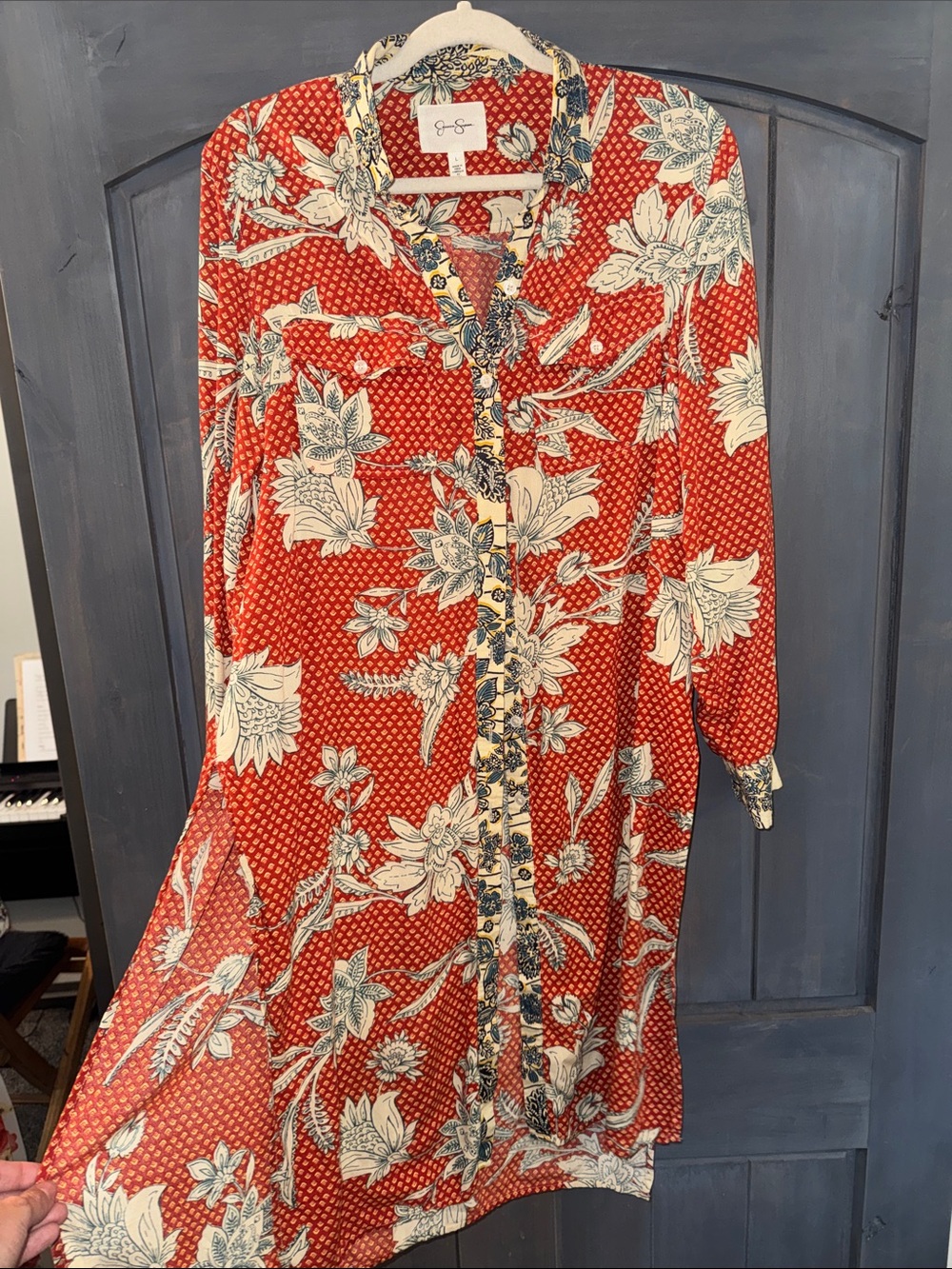 Jessica Simpson Orange Floral Long-Sleeve Button Tunic Shirt / Dress